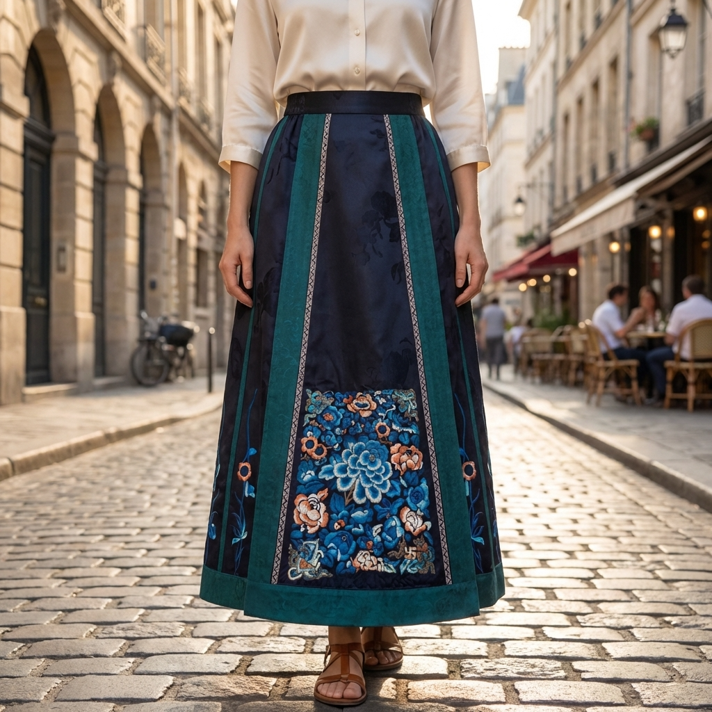 Black Teal Peony Embroidery Mulberry Silk Xiangyunsha Horse-Face Skirt -LUXE ORIENTA Fashion