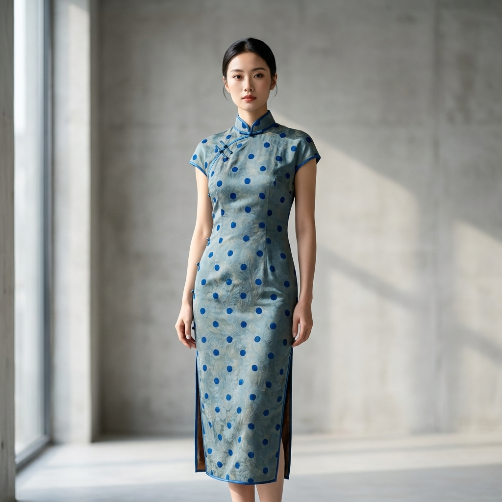 Grey-Blue Polka Dot Xiangyunsha Qipao | 100% Mulberry Silk Flower-Lo Jacquard Cheongsam – LUXE ORIENTA