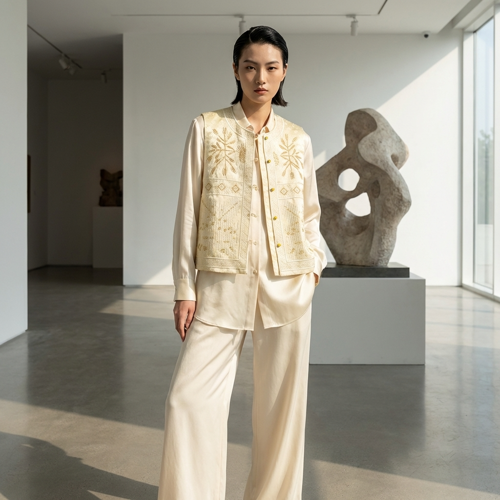 Beige Hand-Beaded Embroidered Linen Rayon Vest | Luxe Orienta Modern Chinese Vest