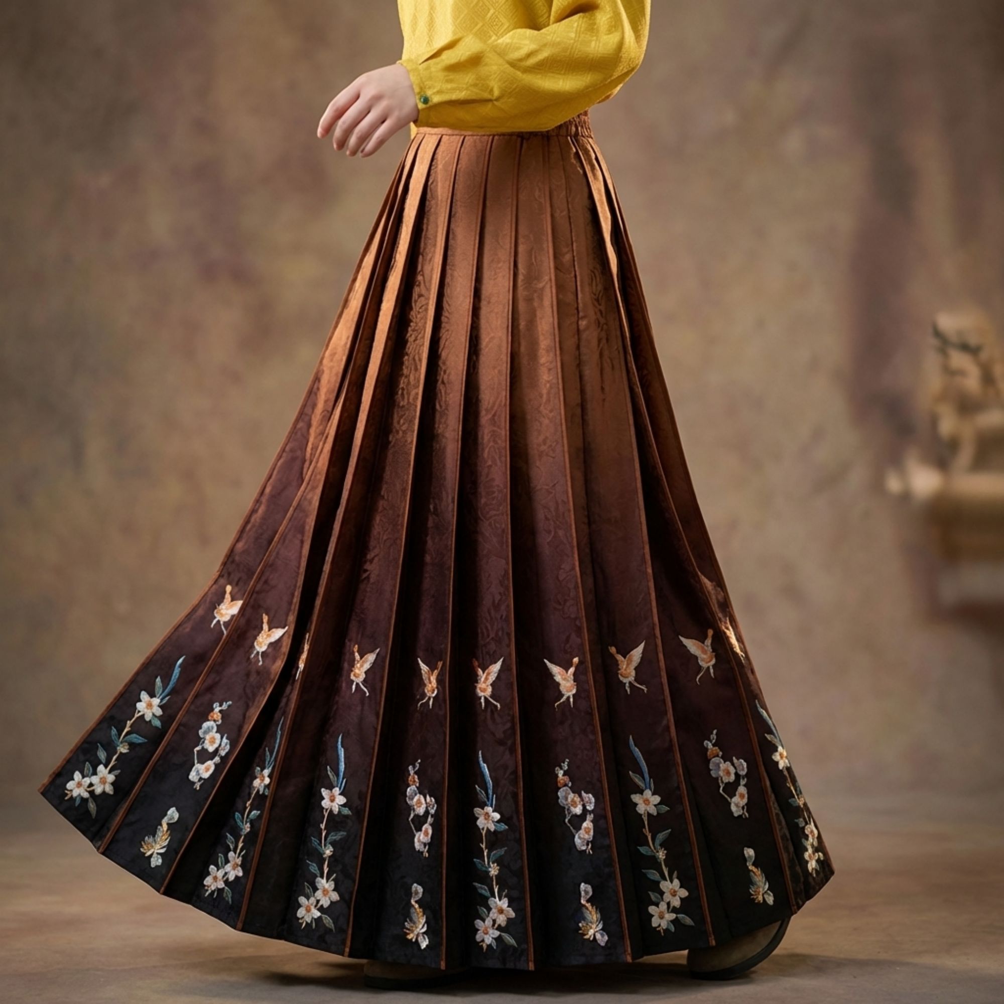 Gradient Crane Embroidery Xiangyunsha Mamianqun | 100% Mulberry Silk Horse-Face Skirt