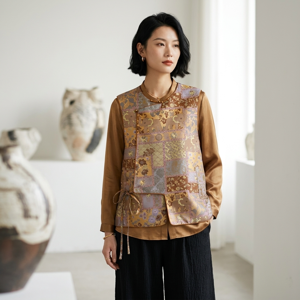 Song Brocade Mulberry Silk Patchwork Vest with Elephant Motif-Luxe Orienta Luxury Fashion