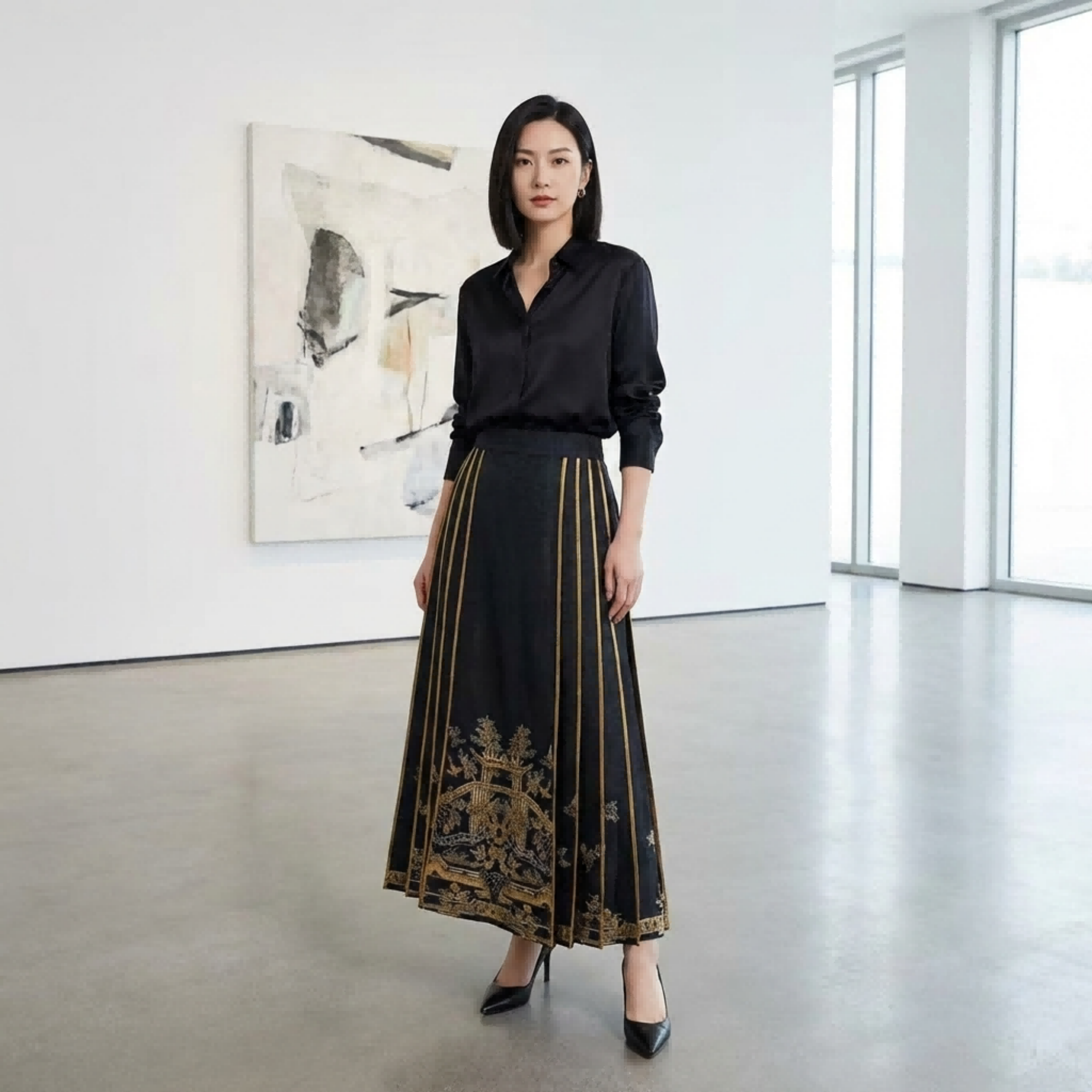Black Gold Pavilion Embroidery Mulberry Silk Xiangyunsha Mamianqun – Cracked Satin Silk Horse-Face Skirt