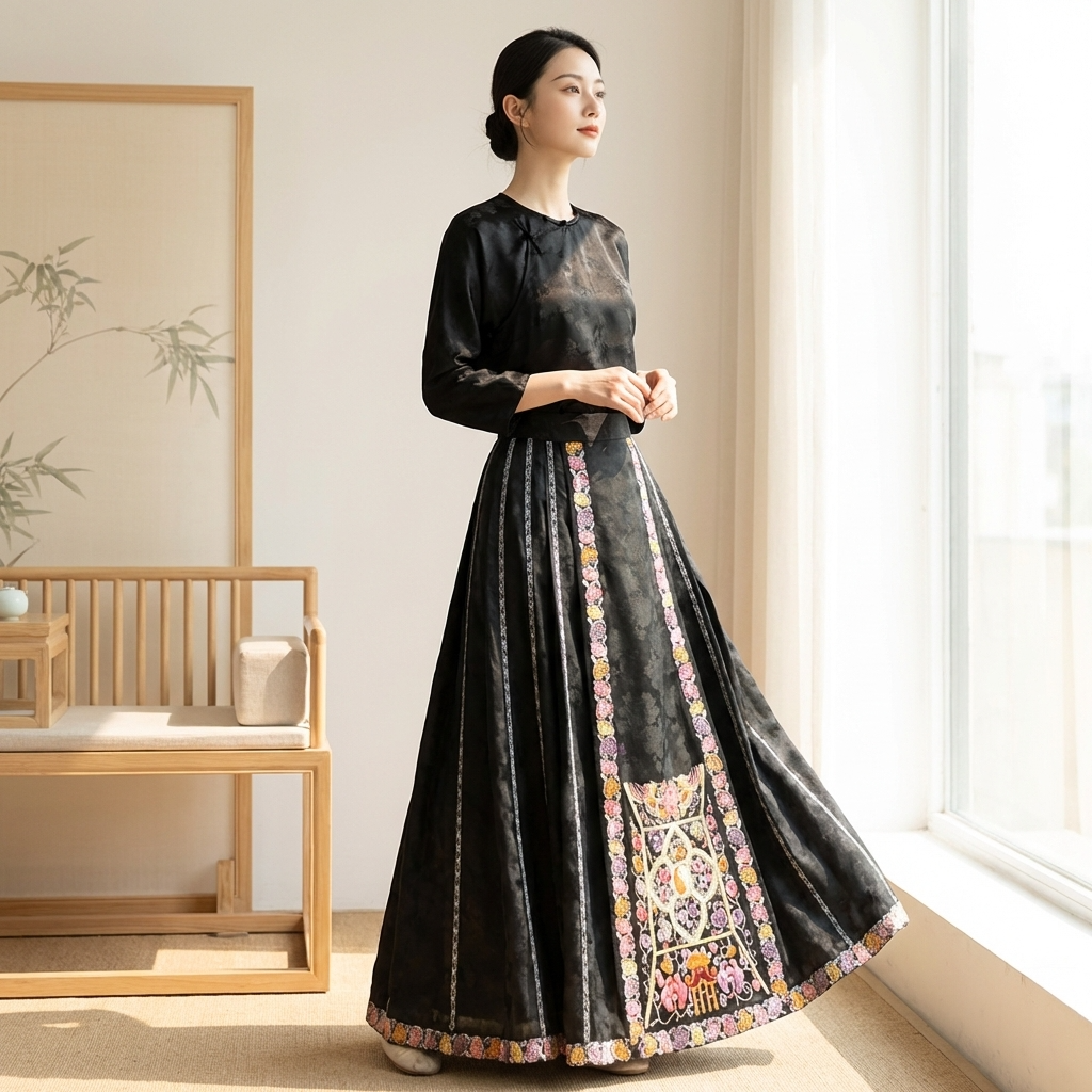 Black Jacquard Hand Floral Embroidered Mamian Qun Skirt | Modern Chinese Xiangyunsha Skirt