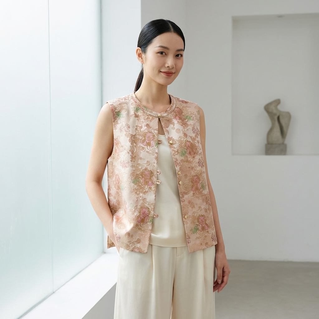 Beige Chinese Style Vest – Floral & Mythical Print Rayon Blend Sleeveless Waistcoat with Frog Buttons | Luxe Orienta