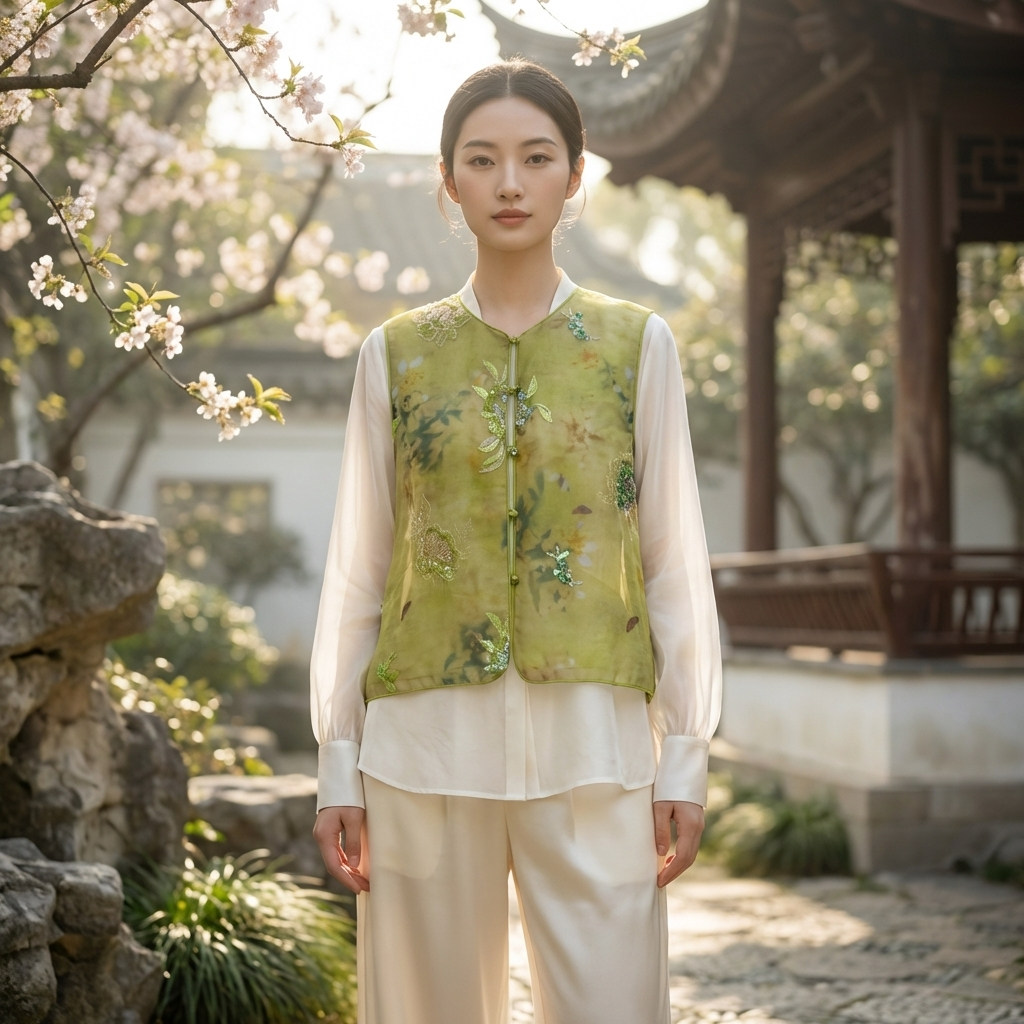Green Organza Vest with 3D Beaded Floral Embroidery | Luxe Orienta Modern Chinese Vest