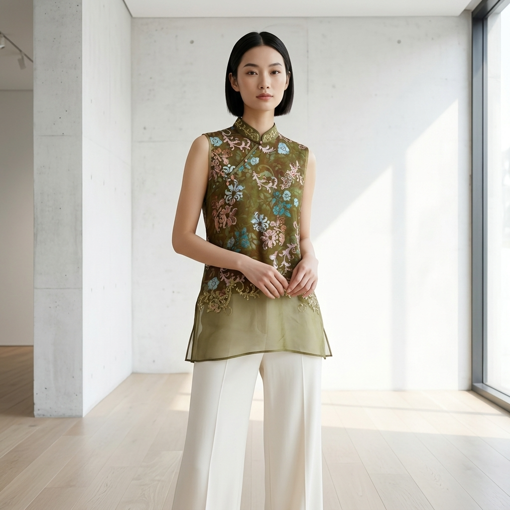 Green Embroidered  Blouse Organza Sleeveless with Floral Motif-Luxe Orienta