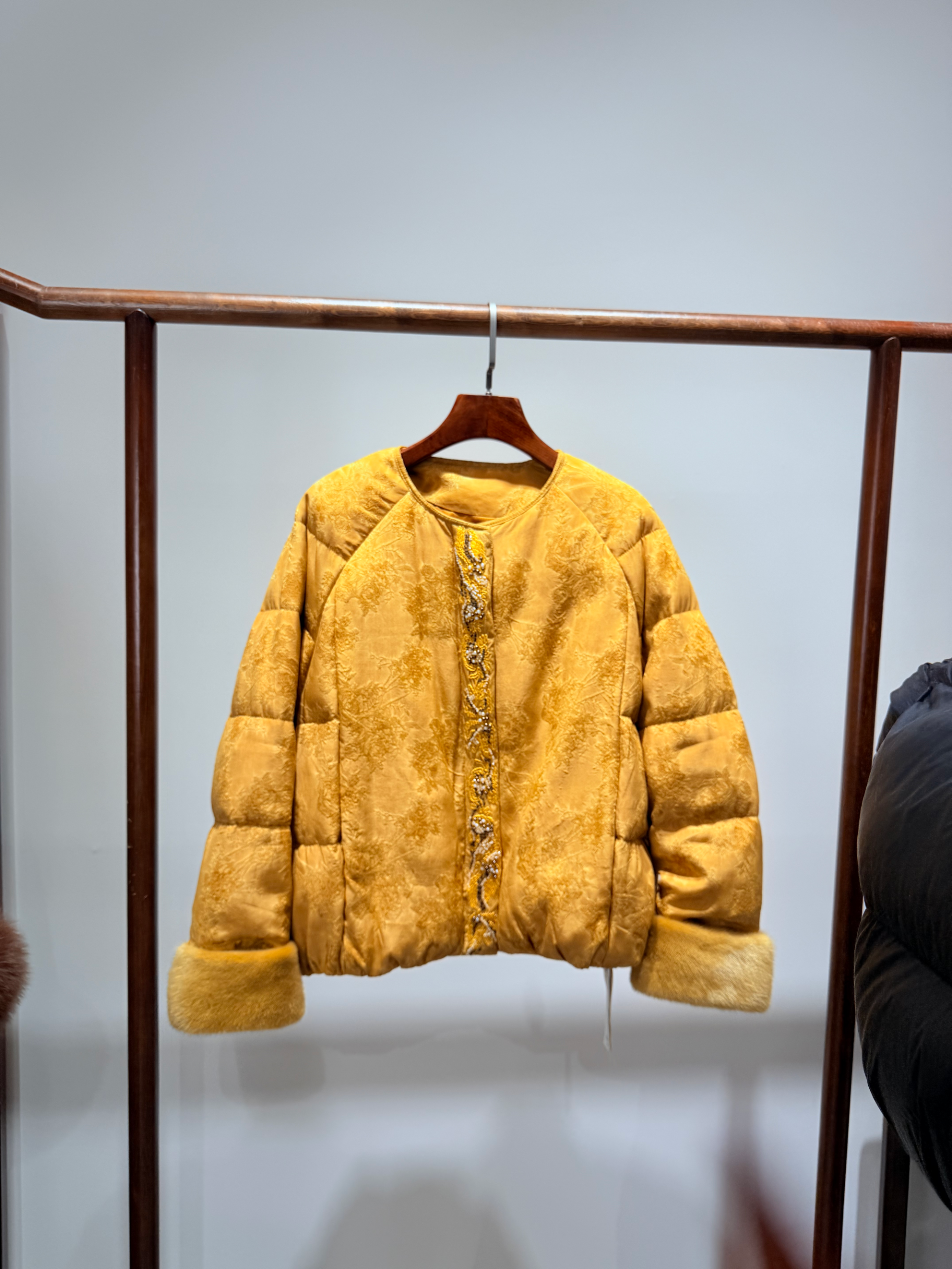 Golden Viscose Blend Goose Down Coat | Modern Oriental Warmth