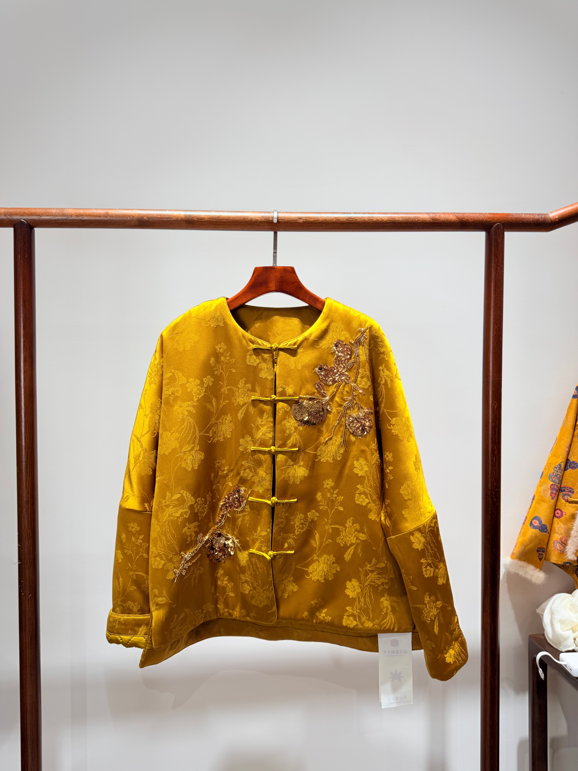 Golden Jacquard Sequin Embroidered Wool Magpie Coat | Modern Oriental Glamour