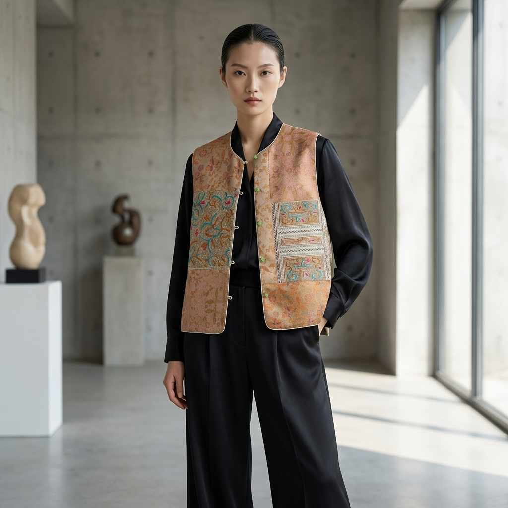 Song Brocade Silk Patchwork Chinese Vest – Embroidered Oriental Waistcoat with Jade Buttons | Luxe Orienta