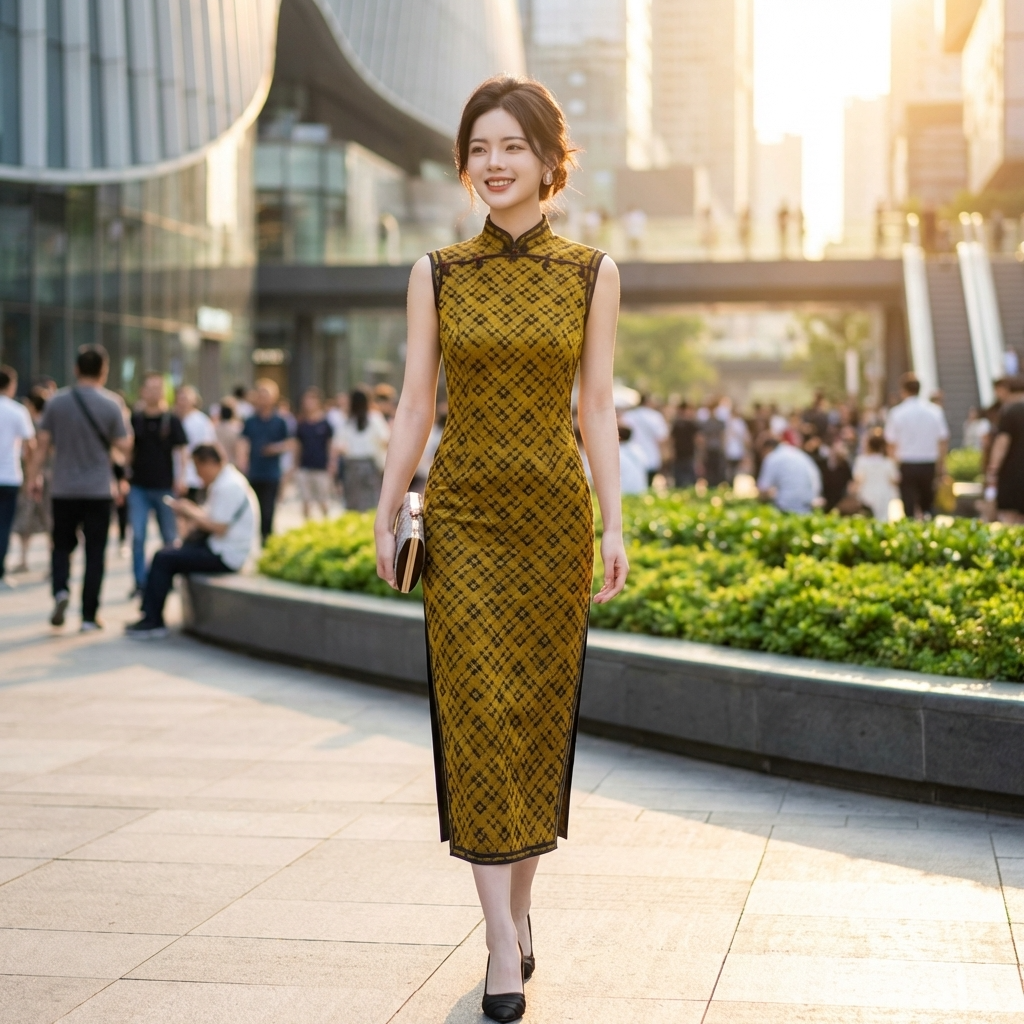 100% Mulberry Silk Xiangyunsha Mustard Black Check Sleeveless Qipao Dress | LUXE ORIENTA
