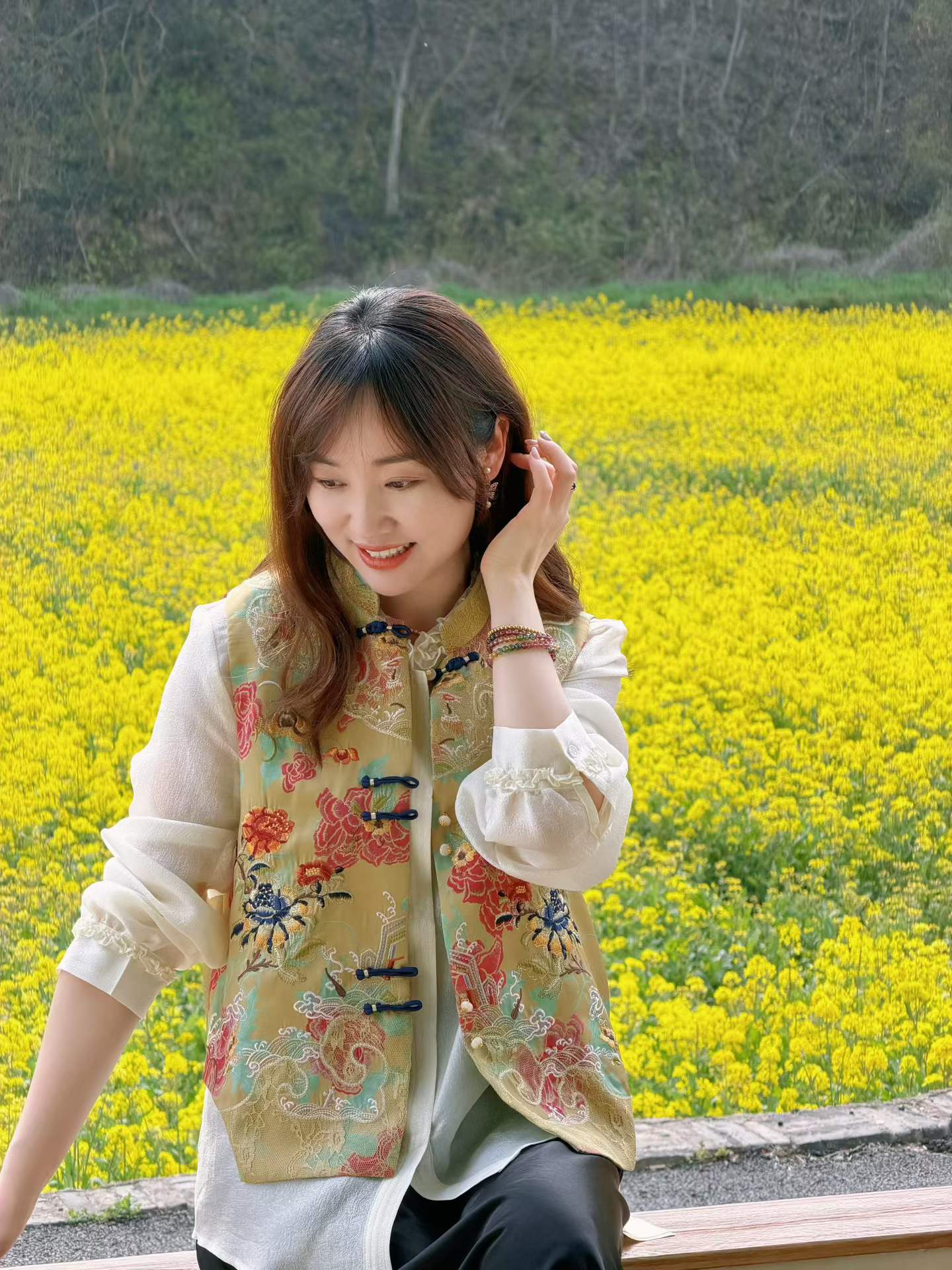 Mustard/Pink Embroidered Chinese Vest – Peony Rayon Waistcoat with Frog Buttons & Mandarin Collar | Luxe Orienta