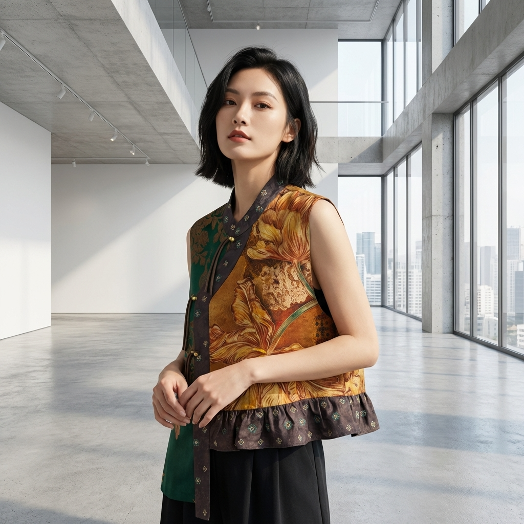 Xiangyunsha Silk Blend Patchwork Oriental  Peacock Waistcoat with Leaf Hem | Luxe Orienta