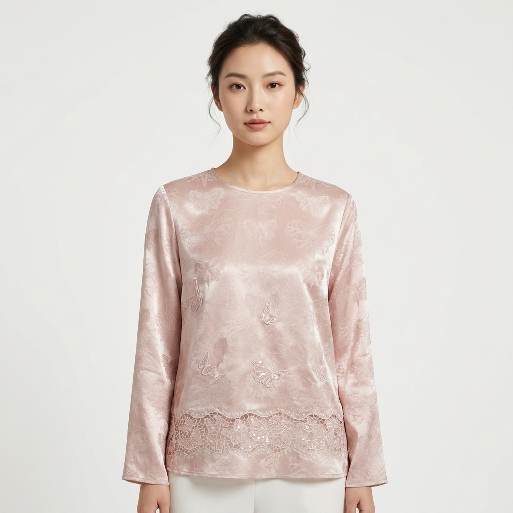 Pink Butterfly Jacquard Acetate Blouse – Embroidered Elegant Top | Luxe Orienta