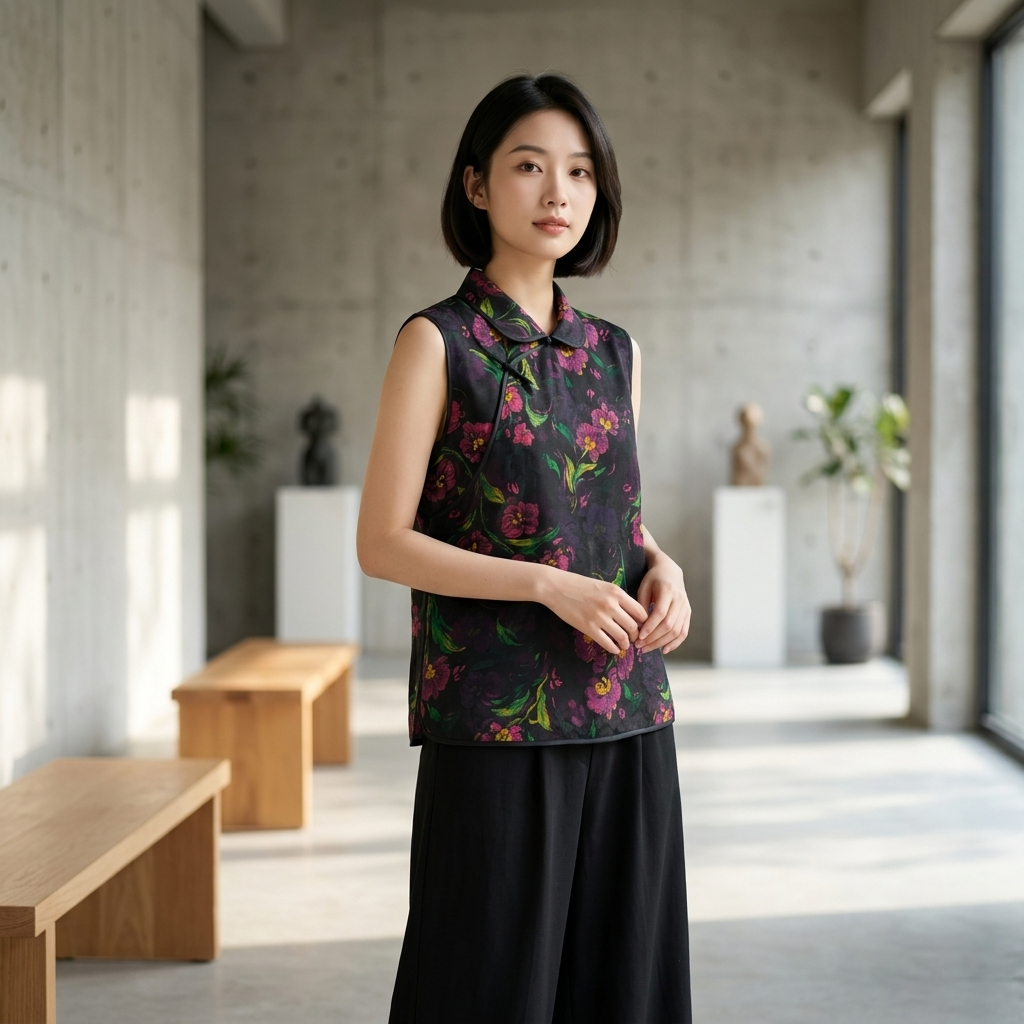 Purple Floral Printing Mulberry Silk Xiangyunsha Lapel Vest -Luxe Orienta