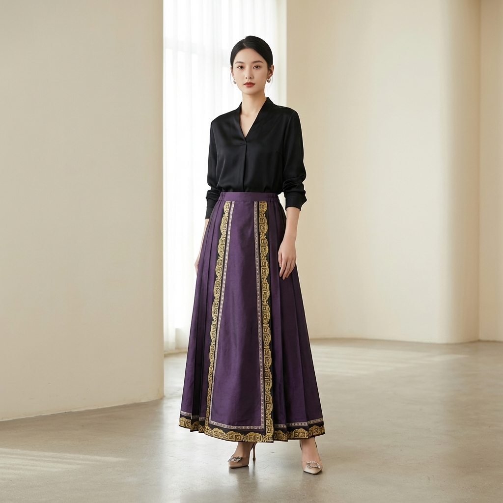 Purple Golden Huiwen Hem Mulberry Silk Ma Mian Qun | Modern Chinese Xiangyunsha Maxi Skirt