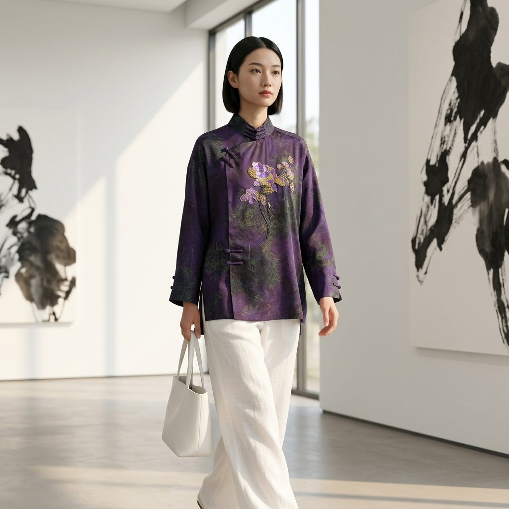 Purple Mulberry Silk Xiangyunsha Bamboo Printed & Peony Beaded Cheongsam Blouse