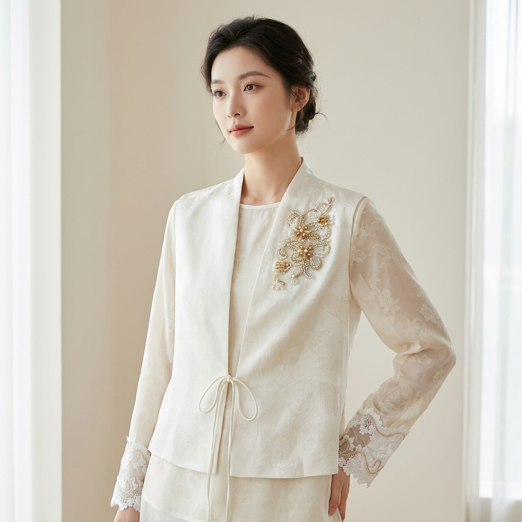 White Beaded Jacquard Acetate Vest – Modern Chinese Luxury Tie-Front Waistcoat | Luxe Orienta