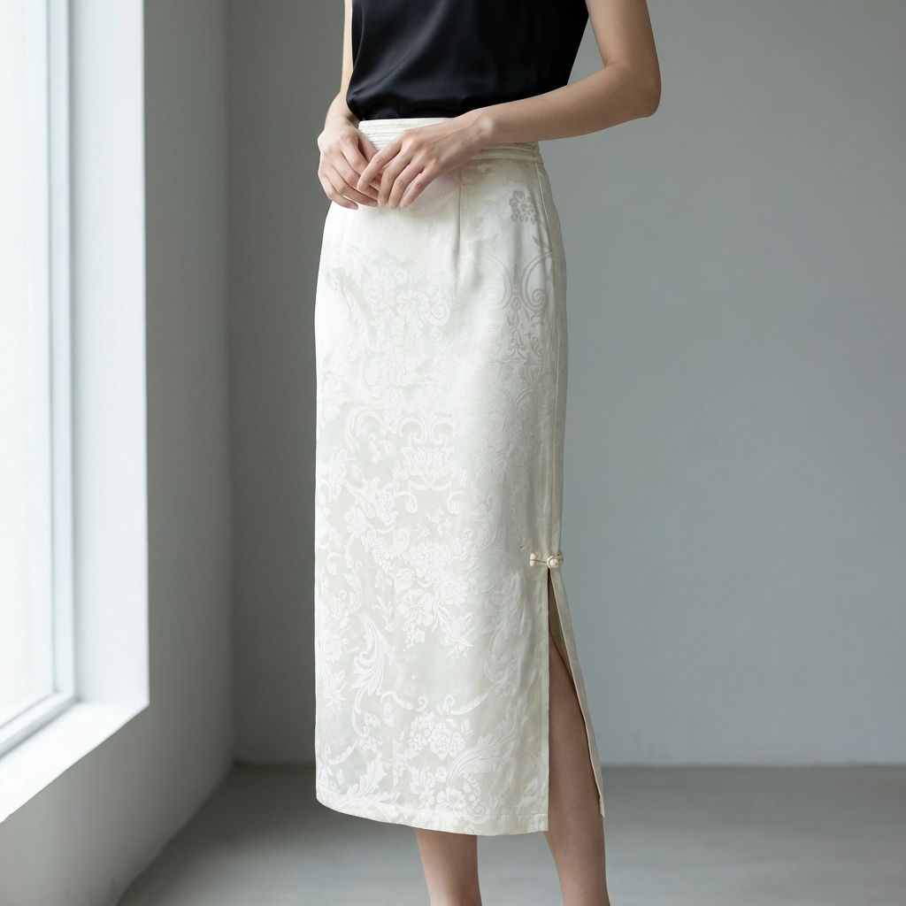 White & Black Jacquard Rayon Side-Slit Skirt – Chinese Knot Button Midi Skirt | Luxe Orienta