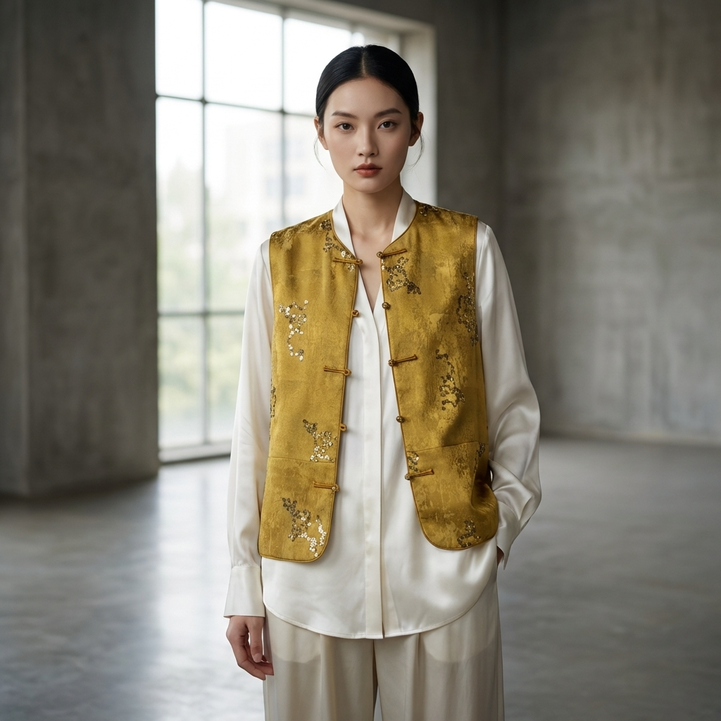 Gilded Rayon & Linen Hand-Beaded Floral Embroidered Vest | Luxe Orienta Modern Chinese Vest