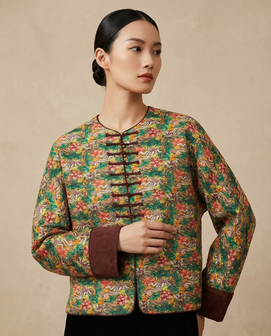 Green Xiangyunsha Silk Jacket with Phoenix Embroidery | Luxury Chinese Tang Style Outerwear