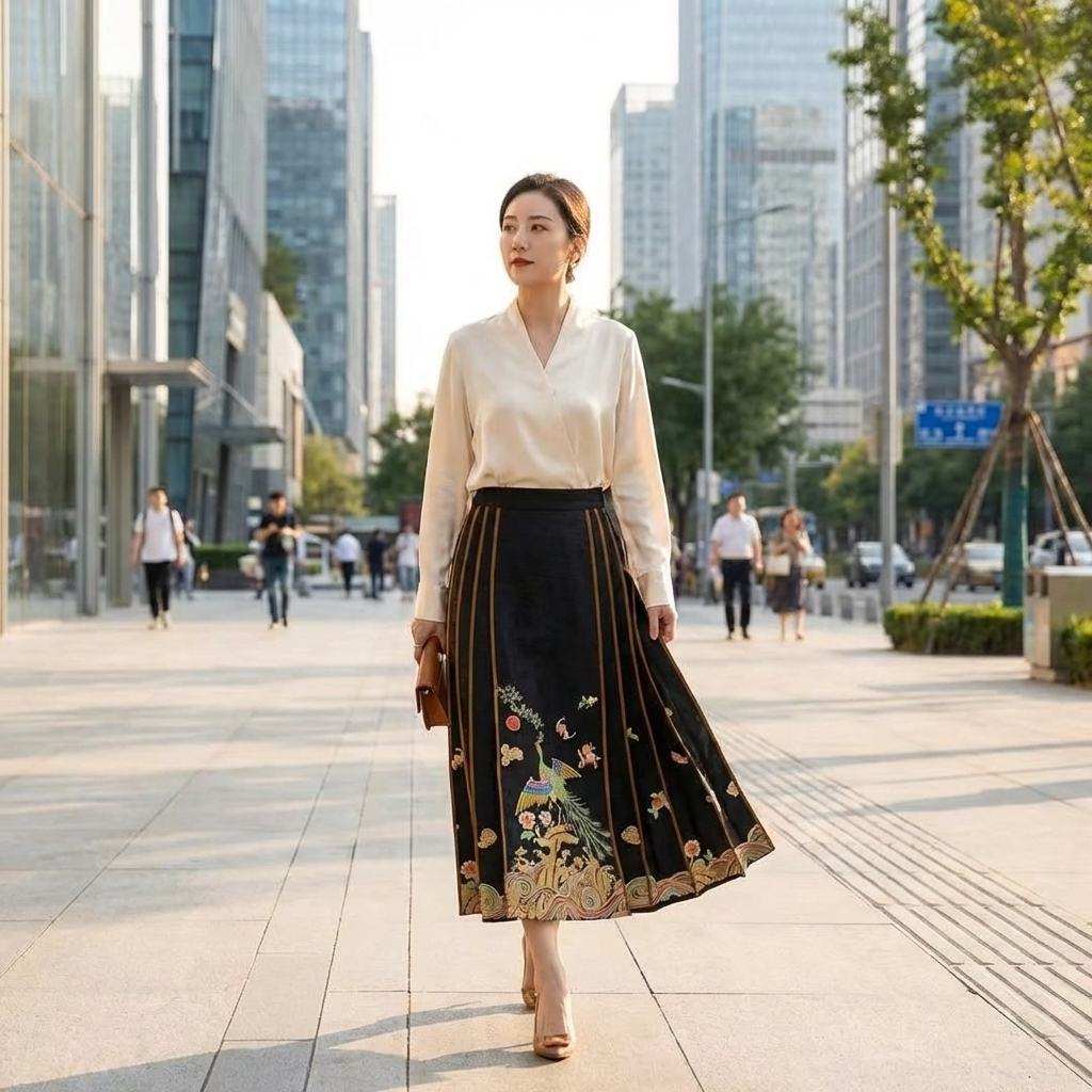 Black Peacock Embroidered Xiangyunsha Silk Mamian Skirt – Luxe Orienta Luxury Dress