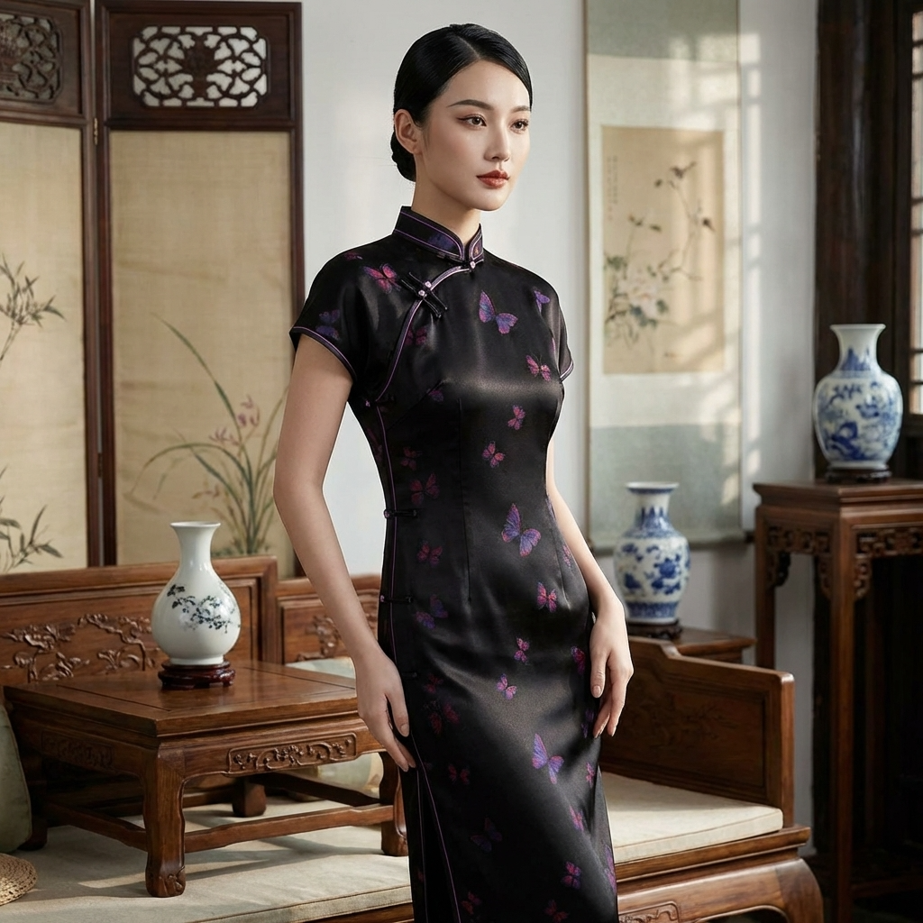 100% Mulberry Silk Xiangyunsha Black Purple Butterfly Short Sleeve Qipao Dress | LUXE ORIENTA