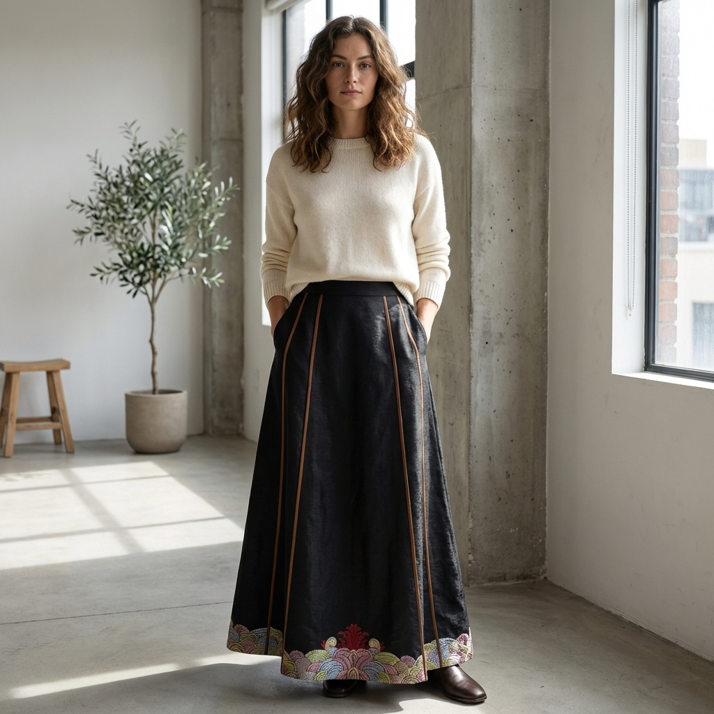 Black Jiangya Haishui Pattern Embroidery Xiangyunsha Silk Mamian Skirt | Mulberry Silk Chinese Ma Mian Qun