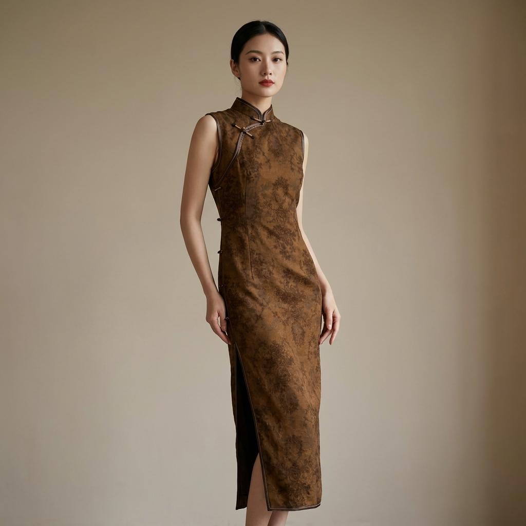 Vintage Brown Xiangyunsha Sleeveless Qipao Dress | LUXE ORIENTA Luxury Cheongsam