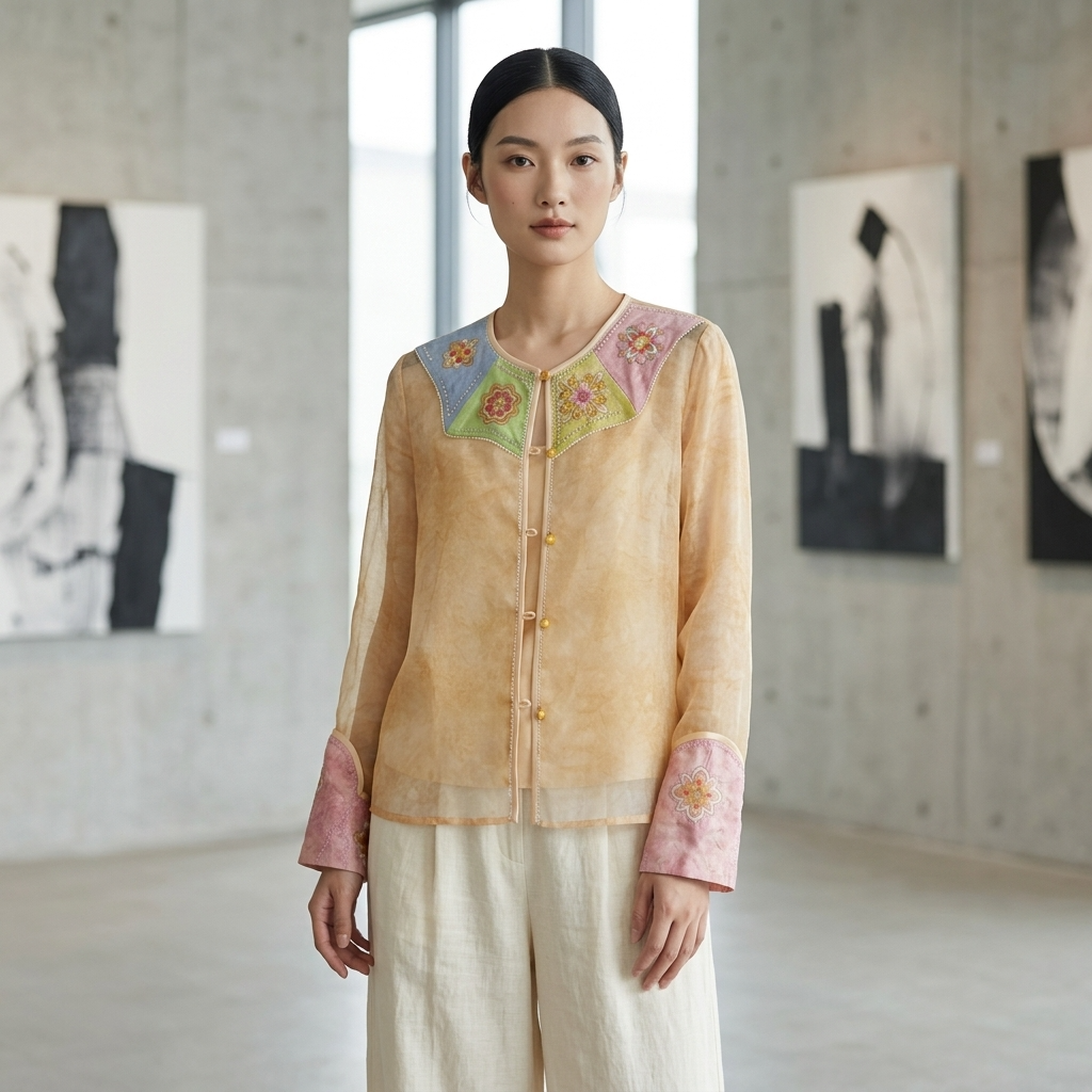 Beige Soft Floral Embroidery Mulberry Silk Shirt — LUXE ORIENTA Luxury Clothing For Women