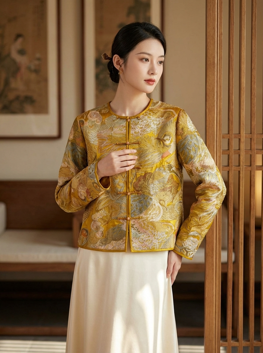 Yellow Phoenix Brocade Silk Jacket – Phoenix Embroidered Mulberry Silk Chinese Jacket