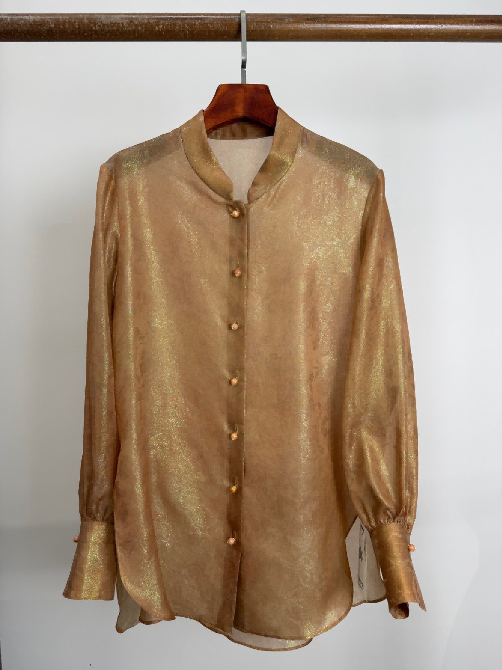 Champagne Mulberry Silk Jacquard Chinese Blouse – Lantern Sleeve Long-Sleeve Shirt with Pearl Buttons | Luxe Orienta