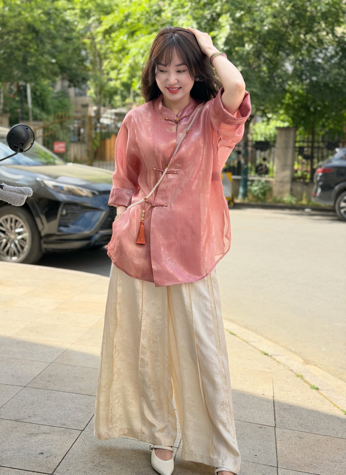 Pink Mulberry Silk Shimmer Brocade Floral Jacquard Blouse| Luxe Orienta