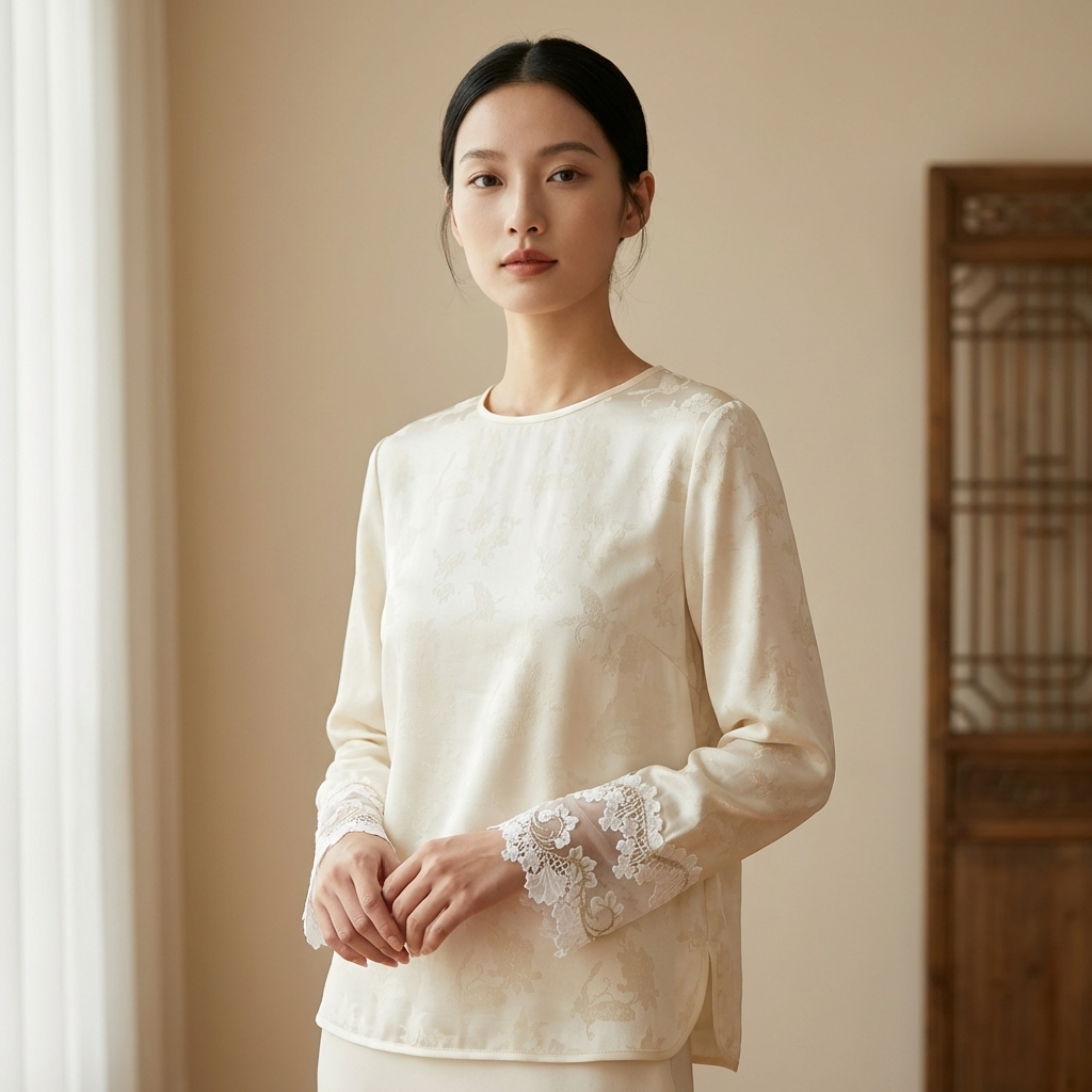 Beige Jacquard Lace Patchwork Blouse – Modern Chinese Tencel Top for Women | Luxe Orienta