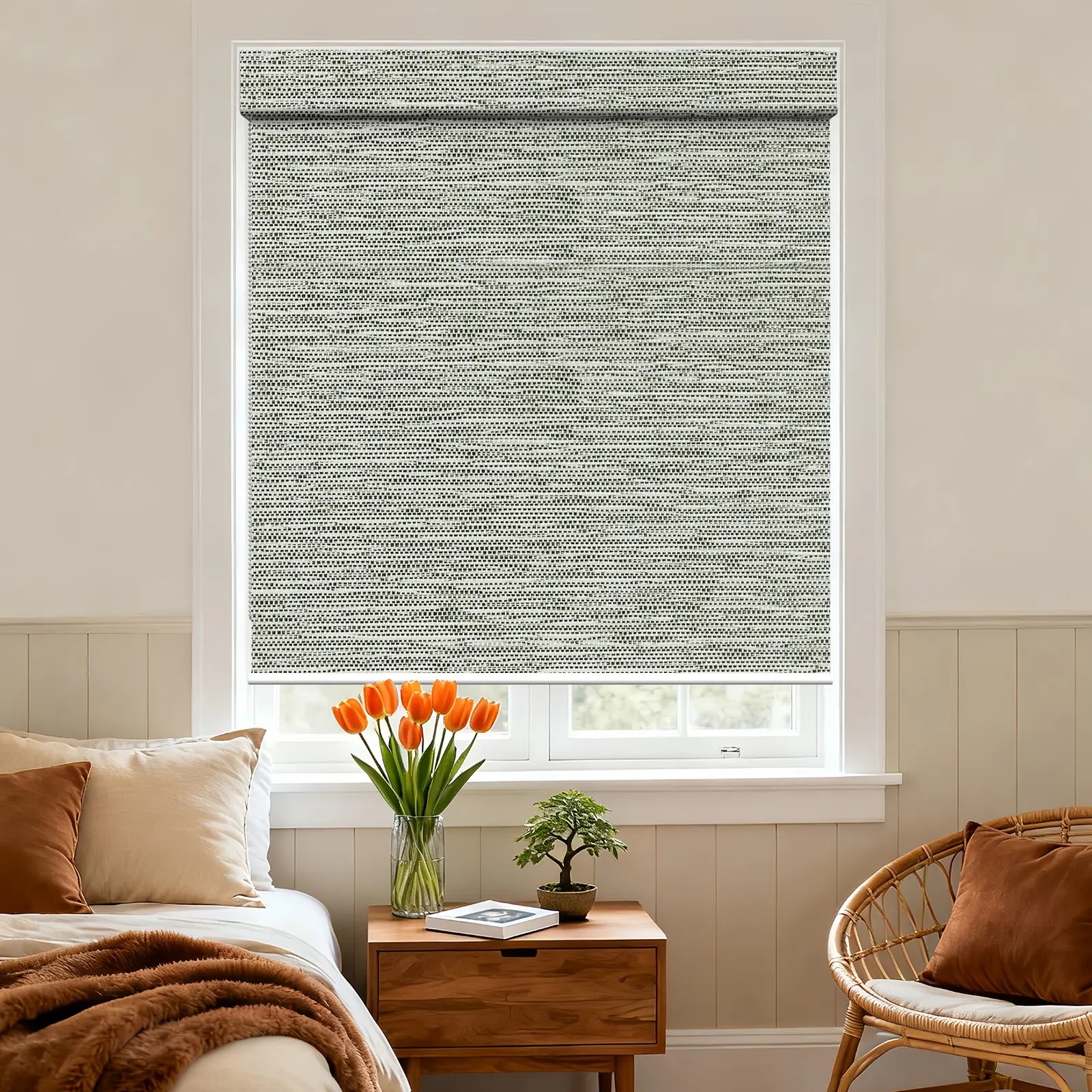Blackout Square Hood Bead Chain Roller Shade — White Fabric Back (A130)