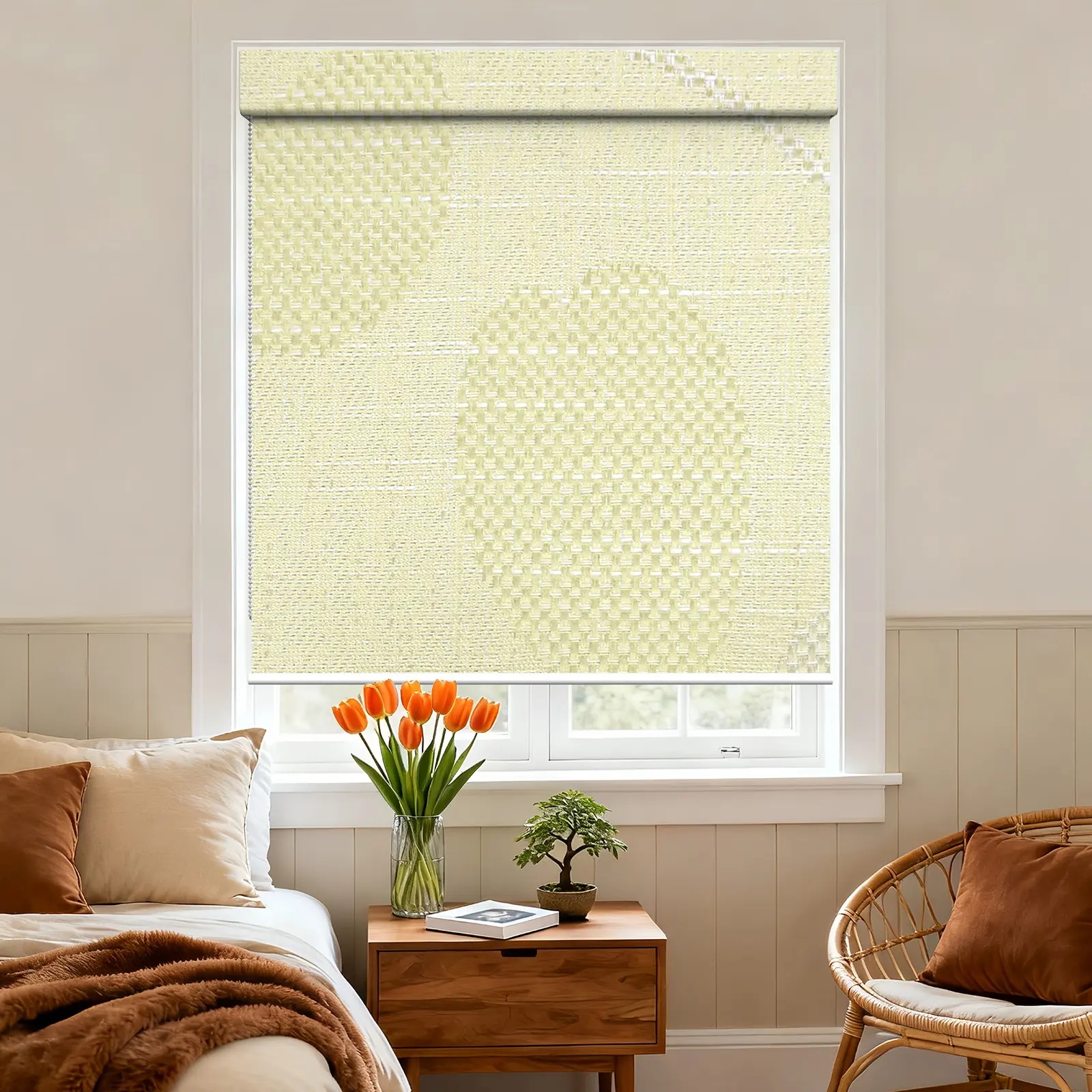 Blackout Square Hood Bead Chain Roller Shade — White Lined Privacy (A131)