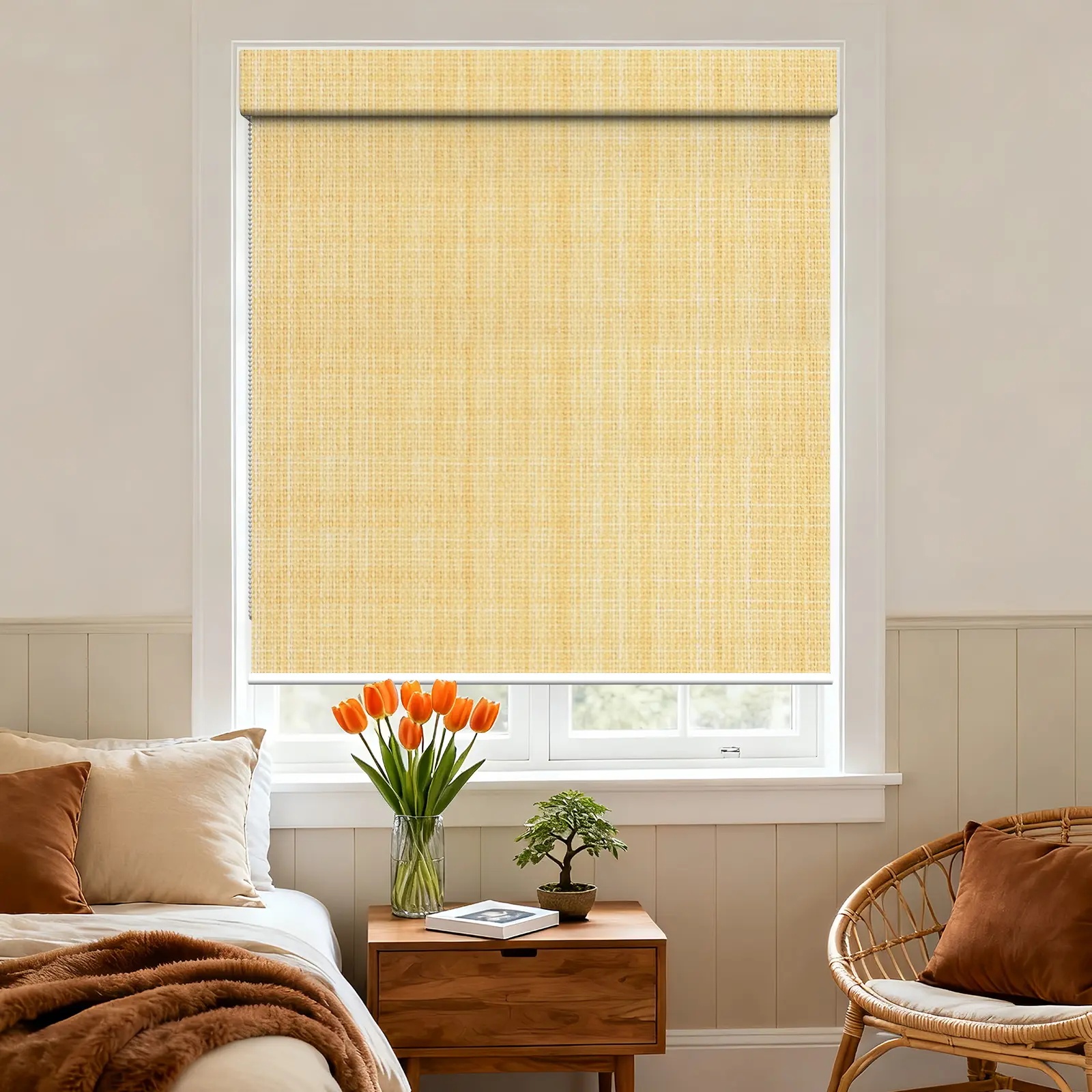 Linen Blend Light Filtering Square Hood Bead Chain Roller Shade (A171)