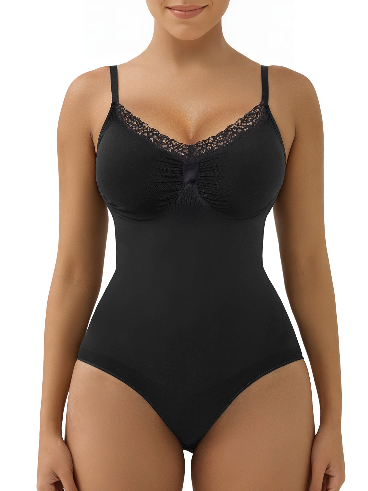 SHAPERX Lace Seamless Adjustable Straps Tummy Control Brief Bodysuit – Black / XXS/XS