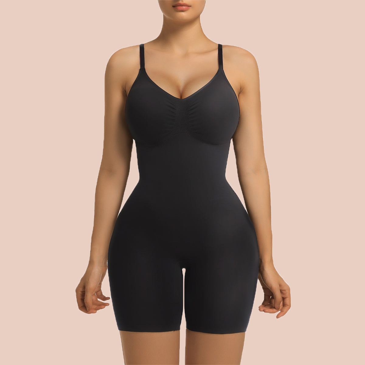SHAPERX Mid-Thigh Tummy Control Bodysuit with Removable Pads – Black / S/M-Plus