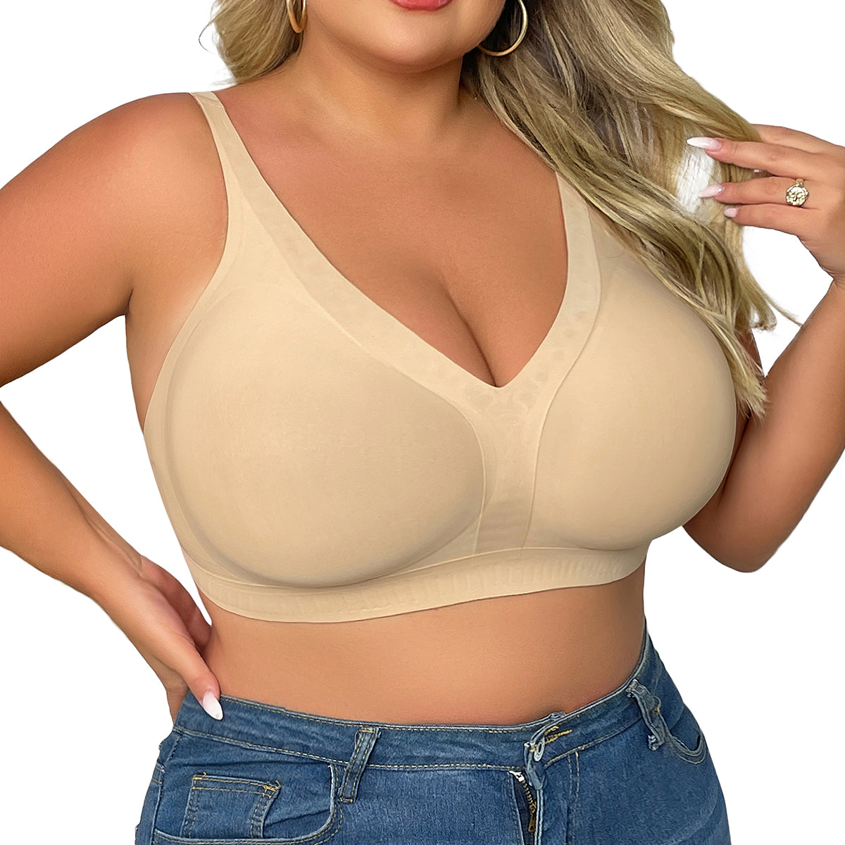 SHAPERX Deep-V Wireless Everyday Bra – Beige / L-Plus
