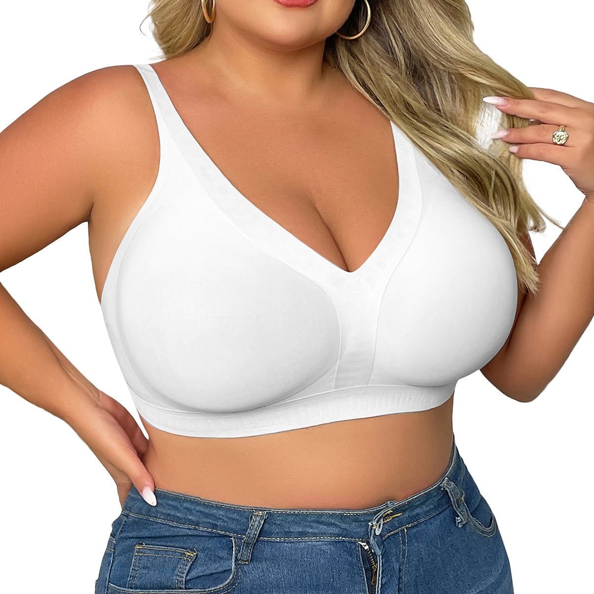 SHAPERX Deep-V Wireless Everyday Bra – White / XL-Plus