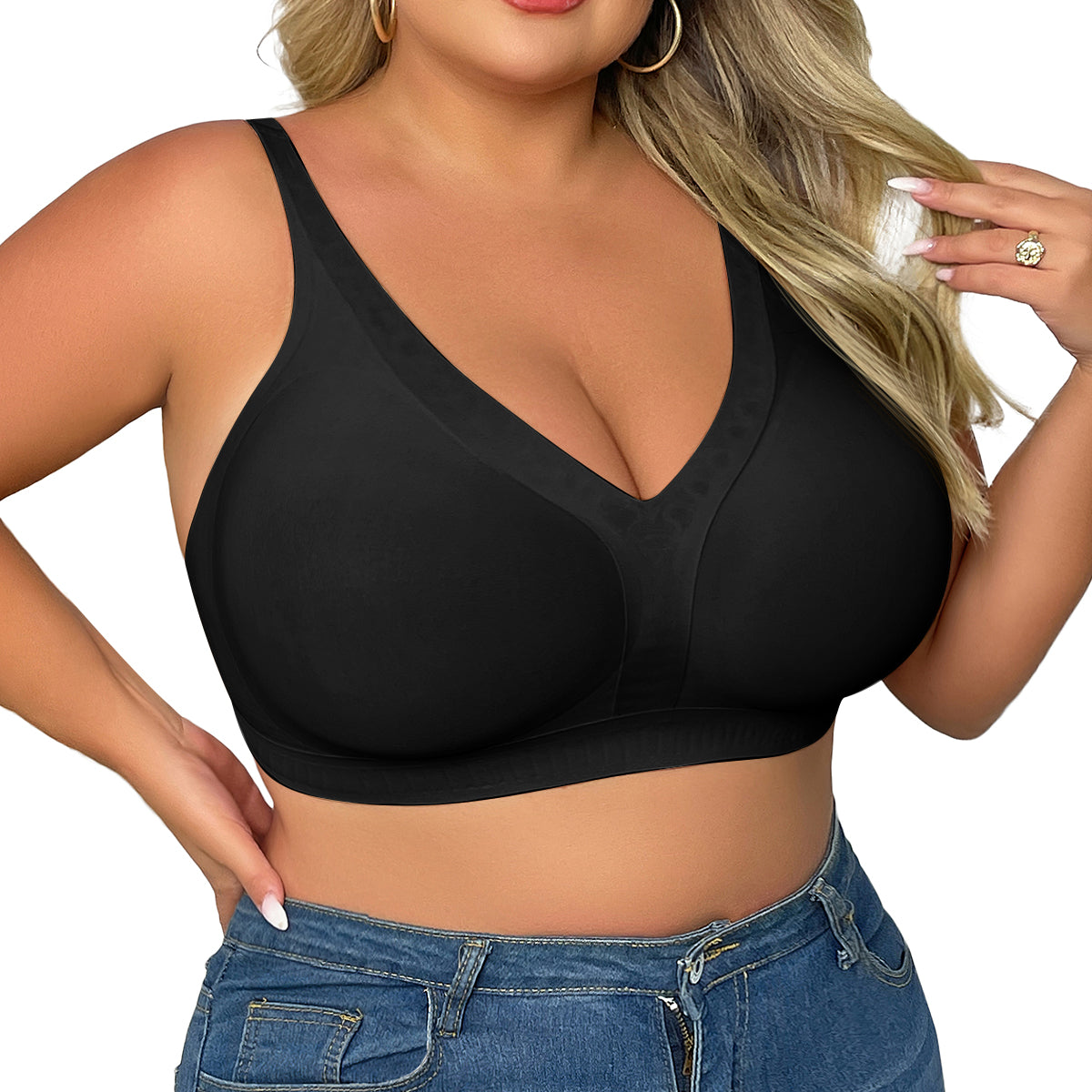 SHAPERX Deep-V Wireless Everyday Bra – Black / XL