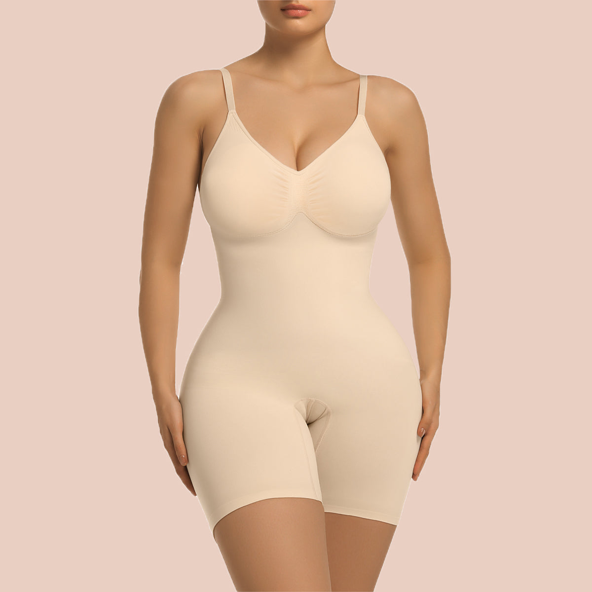 SHAPERX Mid-Thigh Tummy Control Bodysuit with Removable Pads – Beige / S/M-Plus