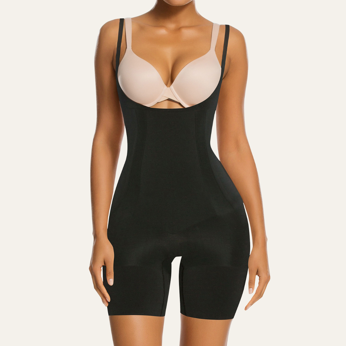 SHAPERX One-Piece Seamless Core-Sculpting Open-Bust Shorts Bodysuit – Black / 3XL