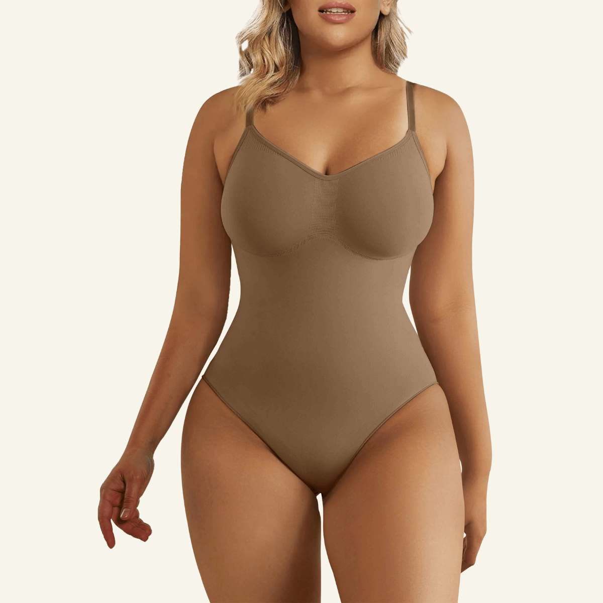 SHAPERX Seamless Adjustable Straps Tummy Control Thong Bodysuit – Brown / S/M