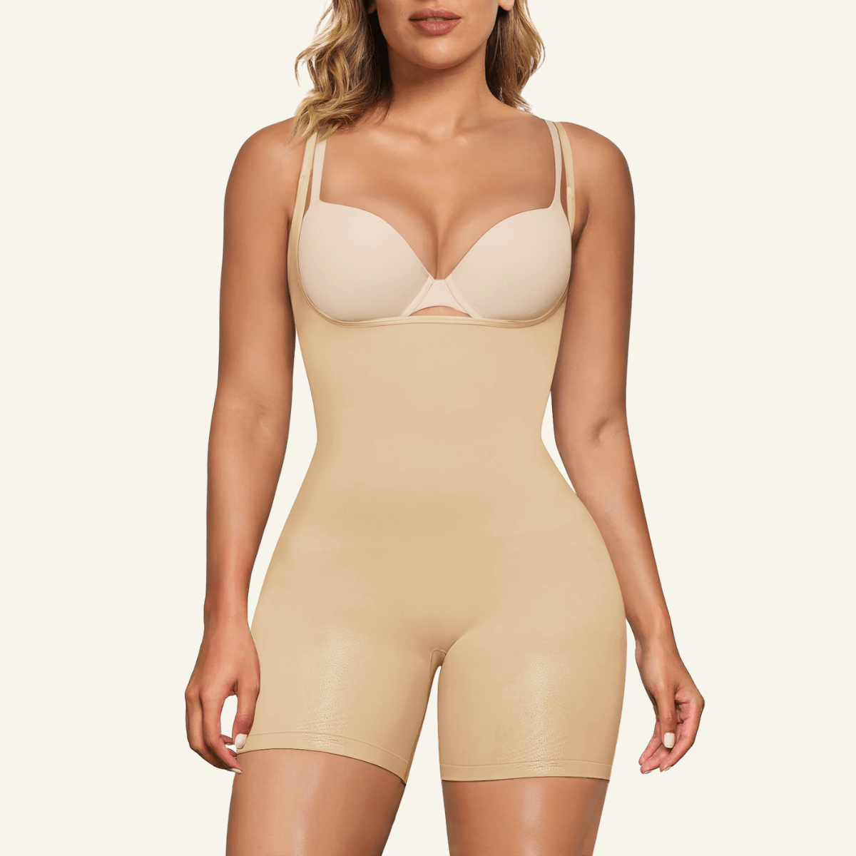 SHAPERX Seamless Open-Bust Tummy Control Shorts Bodysuit – Beige / S/M