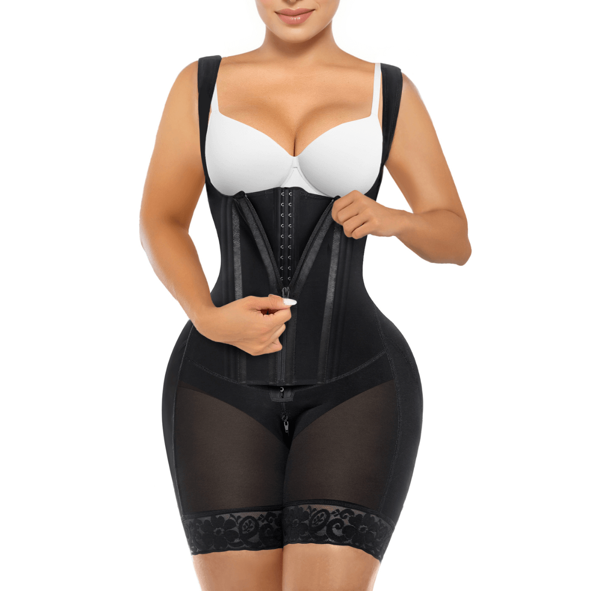SHAPERX Zipper & Hook 8-Steel-Bones Open Bust Fajas with Butt Lift – Black / S