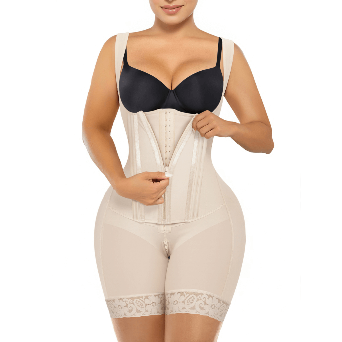 SHAPERX Zipper & Hook 8-Steel-Bones Open Bust Fajas with Butt Lift – Beige / 2XL