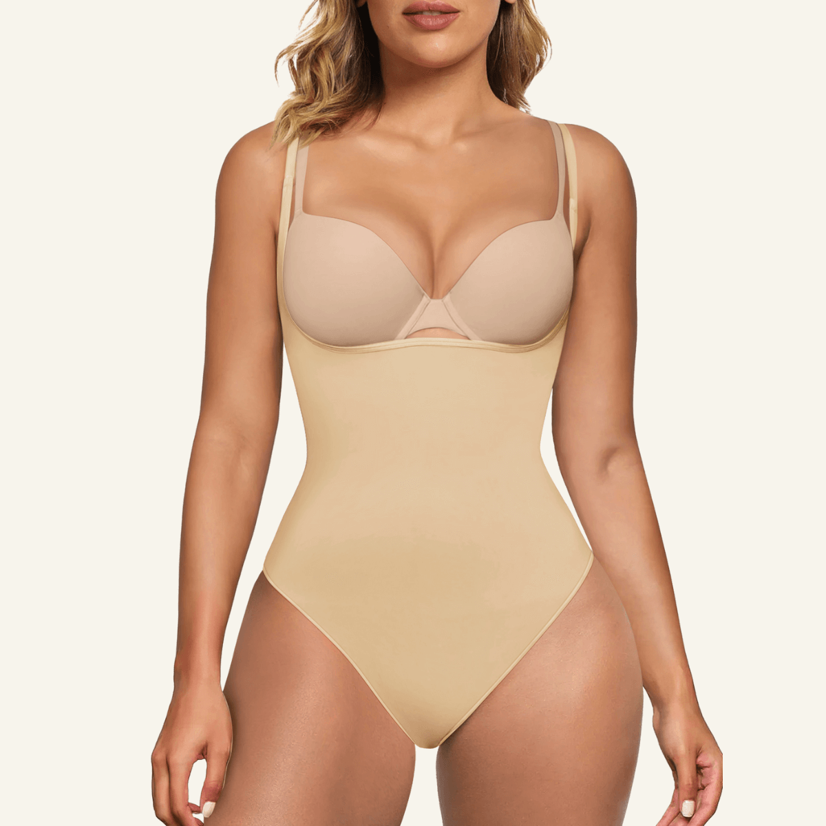 SHAPERX Seamless Open-Bust Tummy Control Thong Bodysuit – Beige / S/M