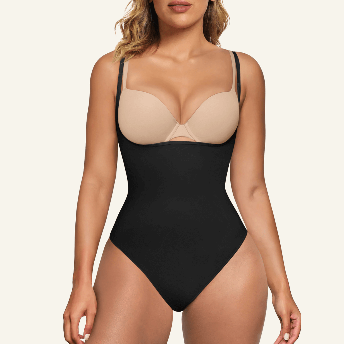 SHAPERX Seamless Open-Bust Tummy Control Thong Bodysuit – Black / 2XL/3XL