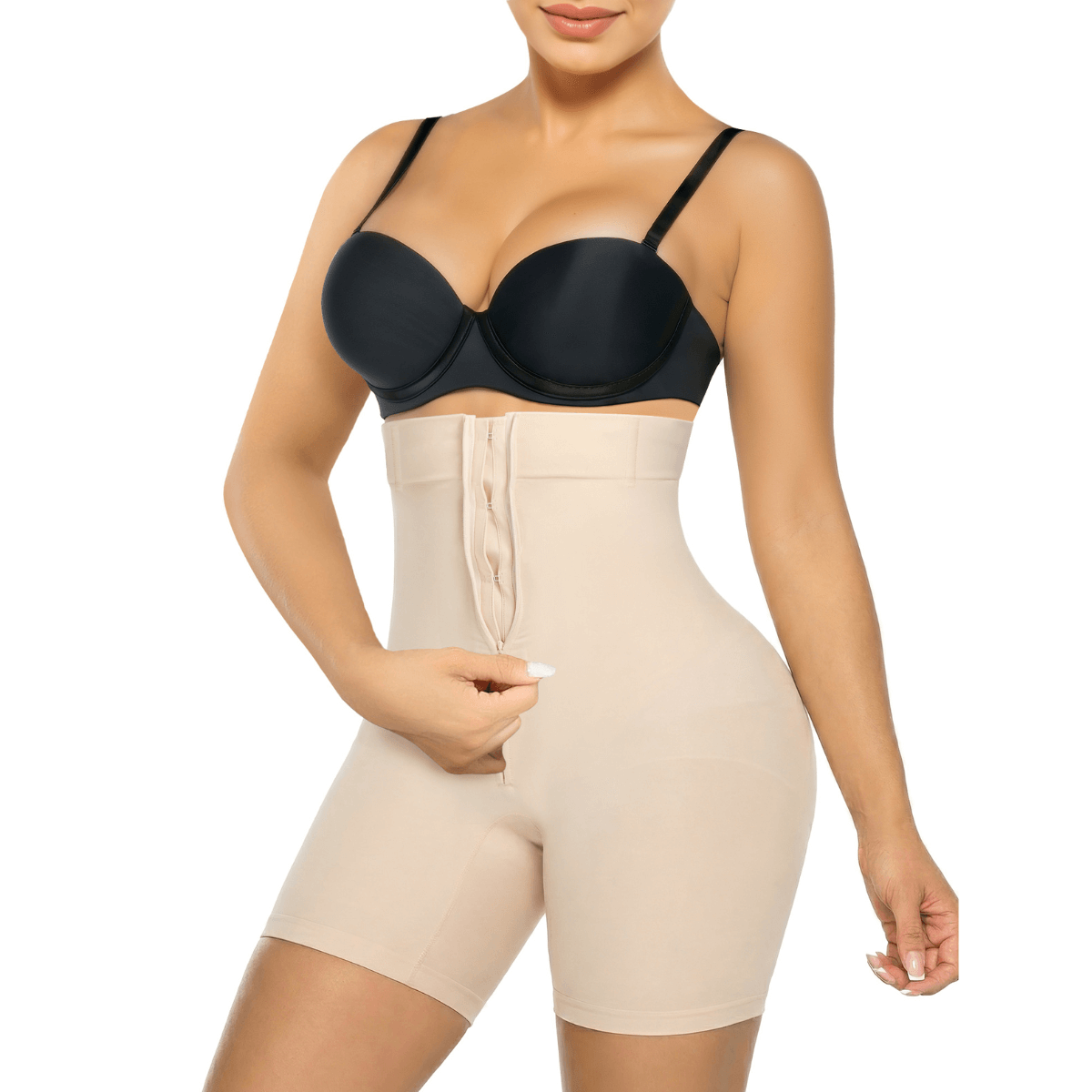 SHAPERX High-Waisted Zip & Hook Shaper Shorts – Beige / S/M